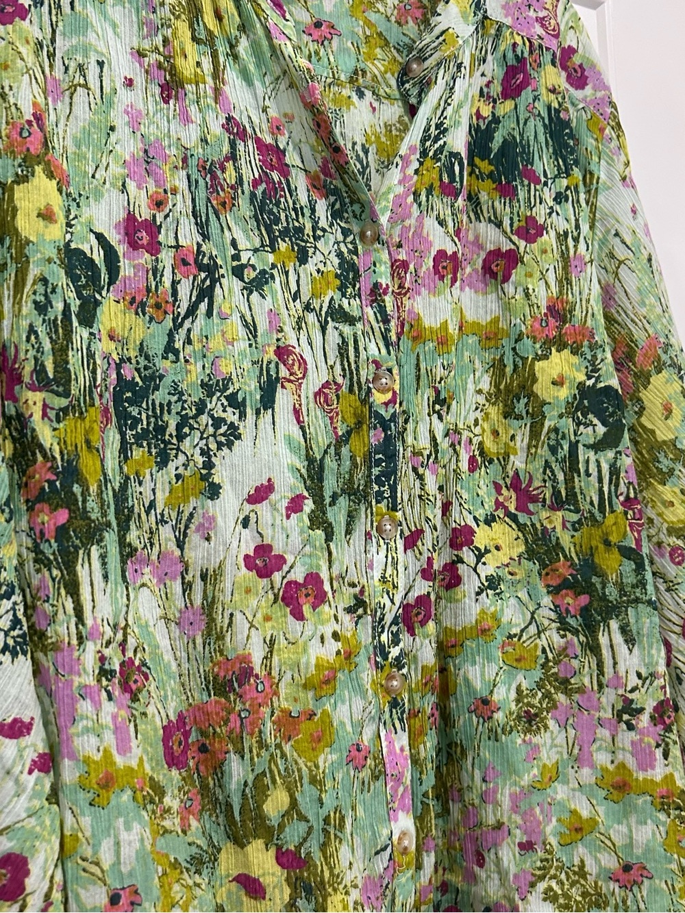 Pilcro for Anthropologie Green Floral Button-Front Blouse with Pink Accents - Picture 4 of 9